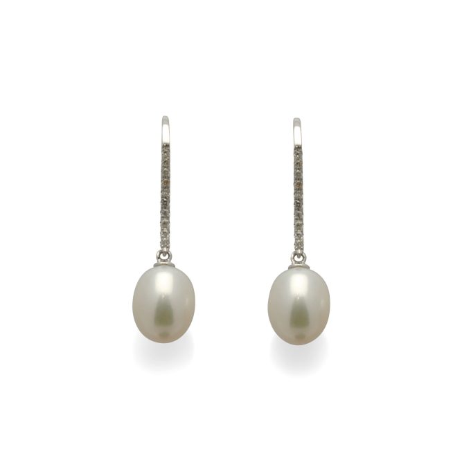 Oval Pearl and Diamond Set Hook Earrings