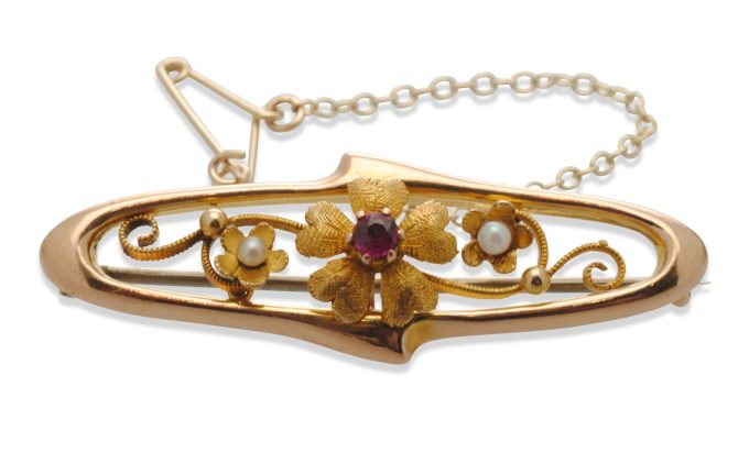 Ruby and Pearl Gold Brooch