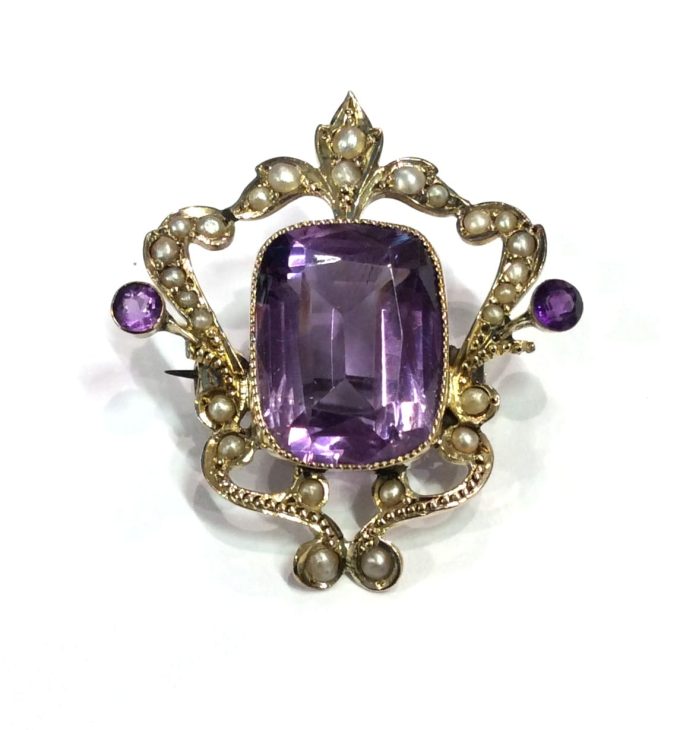 Antique Amethyst and Seed Pearl Brooch