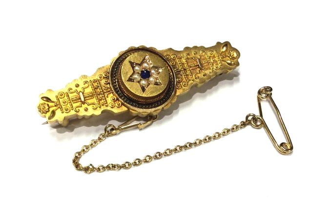 Victorian Sapphire and Pearl Ornate Bar Brooch