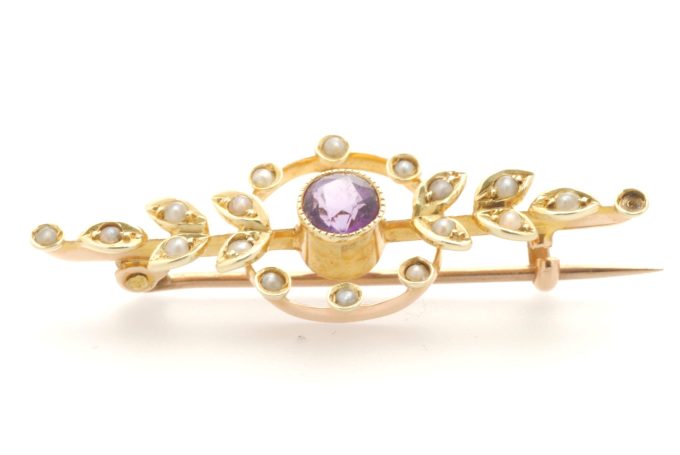 Amethyst & Pearl Leaf Motif Brooch - Image 2