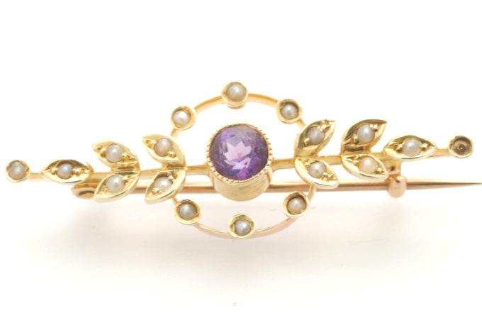 Amethyst & Pearl Leaf Motif Brooch