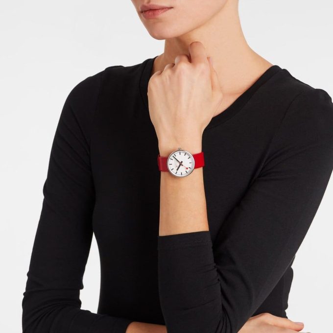 Mondaine Mini Giant Red Strap Watch - Image 2