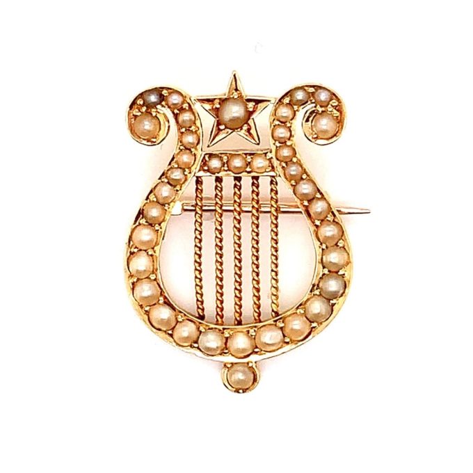Victorian Gold and Pearl Lyre Brooch