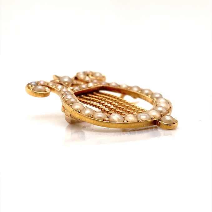 Victorian Gold and Pearl Lyre Brooch