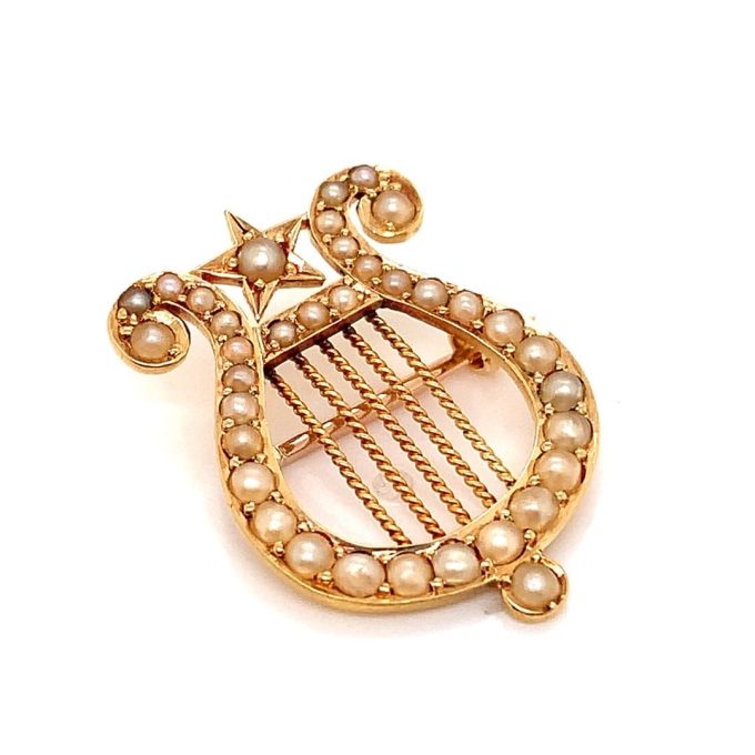 Victorian Gold and Pearl Lyre Brooch