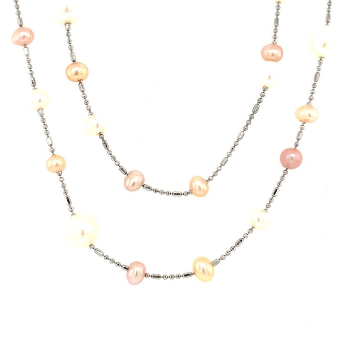 Long Silver and Cultured Pearl Dress Necklace