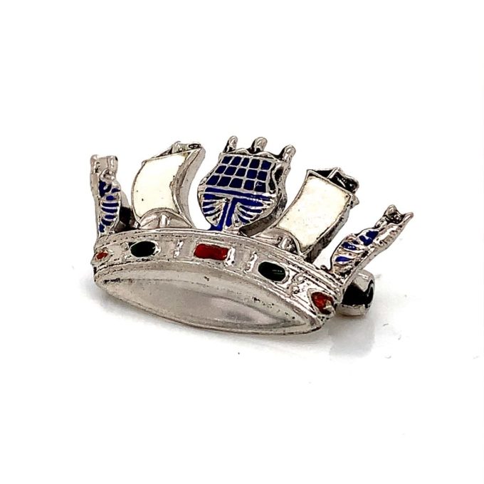 Silver Enameled Naval Crown Brooch