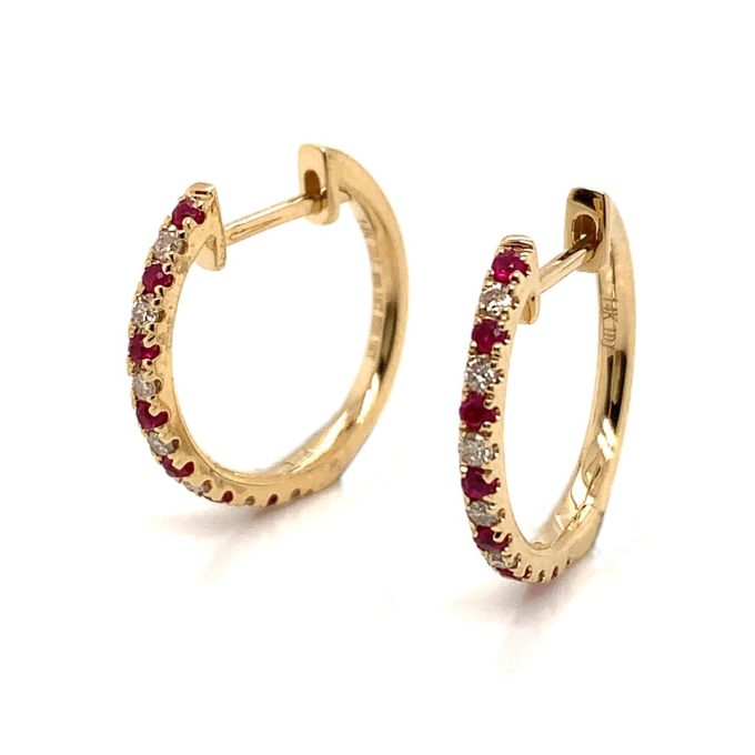 Yellow Gold Ruby and Diamond Hoop Earrings