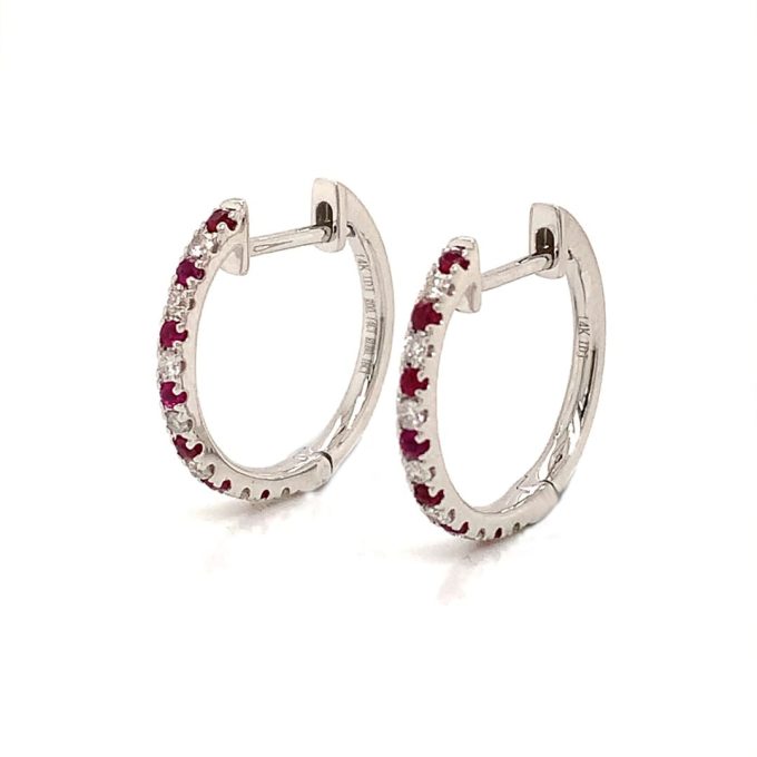 White Gold Ruby and Diamond Hoop Earrings