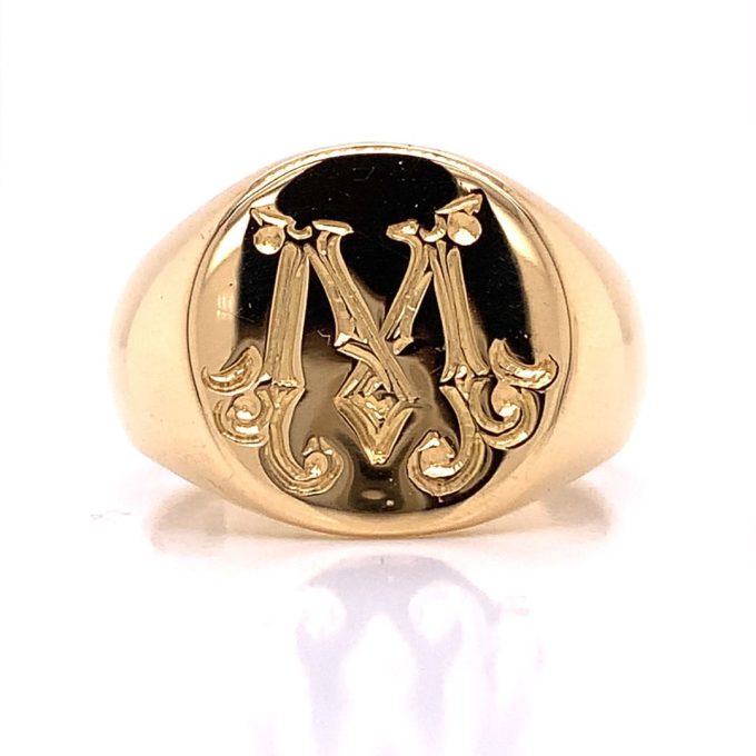 18 Carat Gold M Initialed Signet Ring