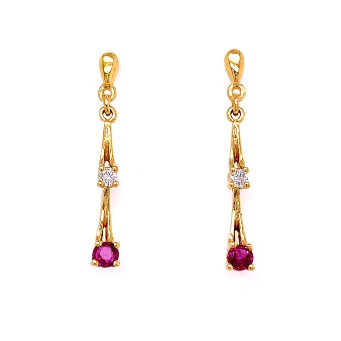 Ruby and Diamond Gold Drop Earrings
