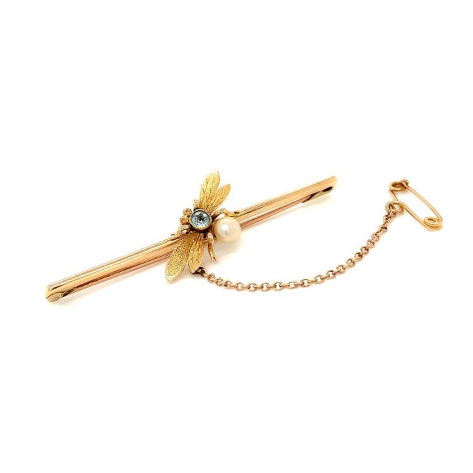 Antique Aqua & Pearl Bee Brooch - Image 2