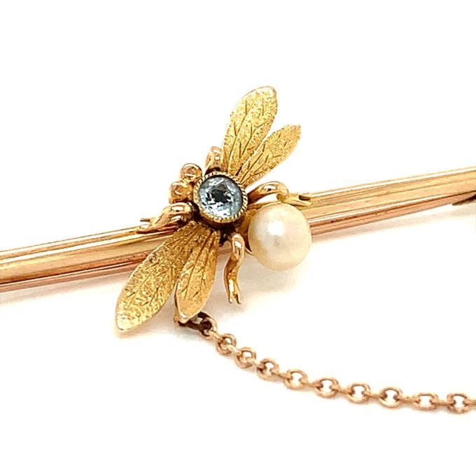 Antique Aqua & Pearl Bee Brooch