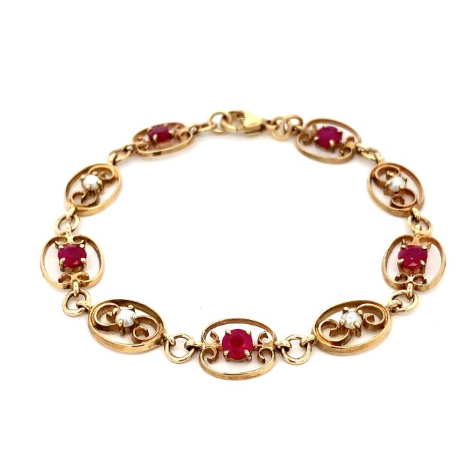 Yellow Gold Ruby and Pearl Bracelet